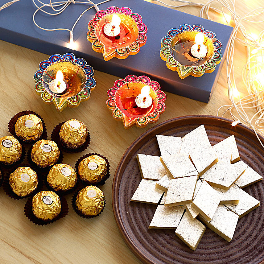 Designer Diyas With Ferrero Rocher And Kaju Katli:Send Sweets to Indonesia