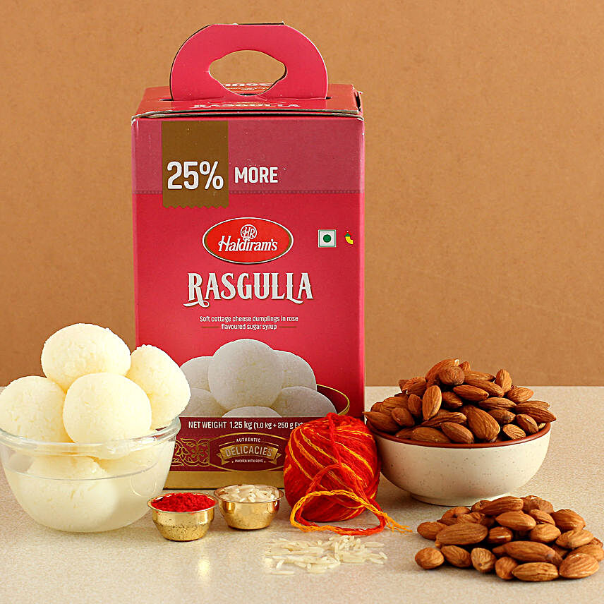 Happy Bhai Dooj Rasgulla And Almonds Combo:Send Sweets to Indonesia