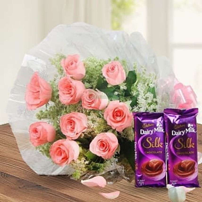 Elegant Pink Roses Bouquet And Silk Chocolates