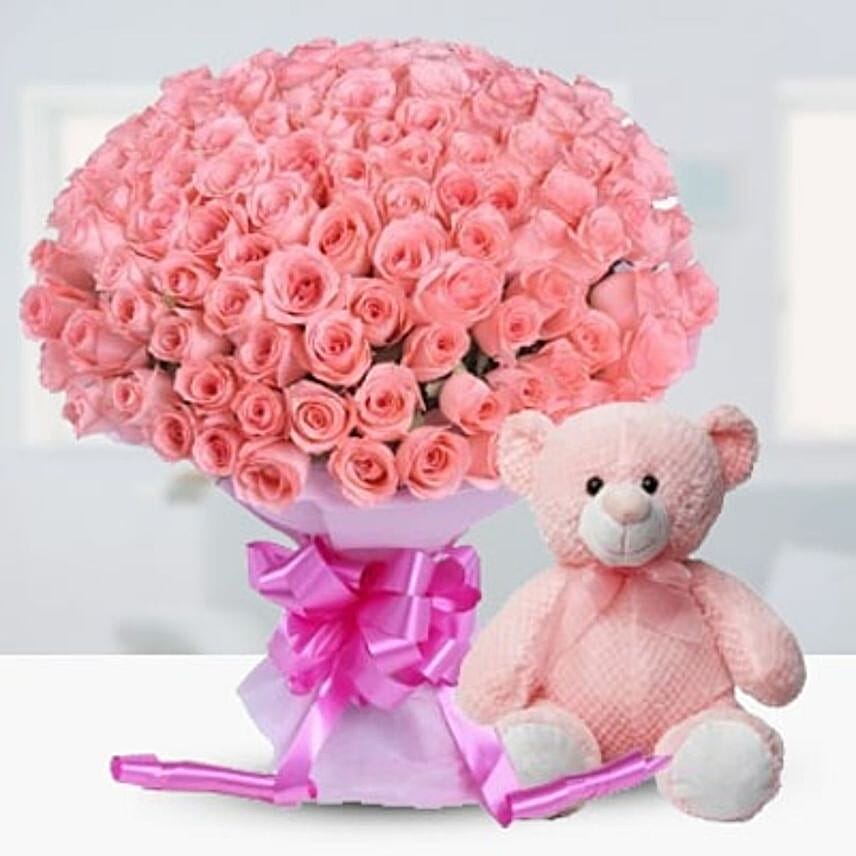 Graceful 100 Pink Roses Bouquet And Teddy