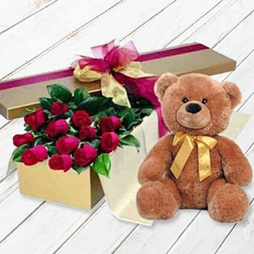 Ravishing Red Roses Box And Teddy:Flower Arrangements to Indonesia
