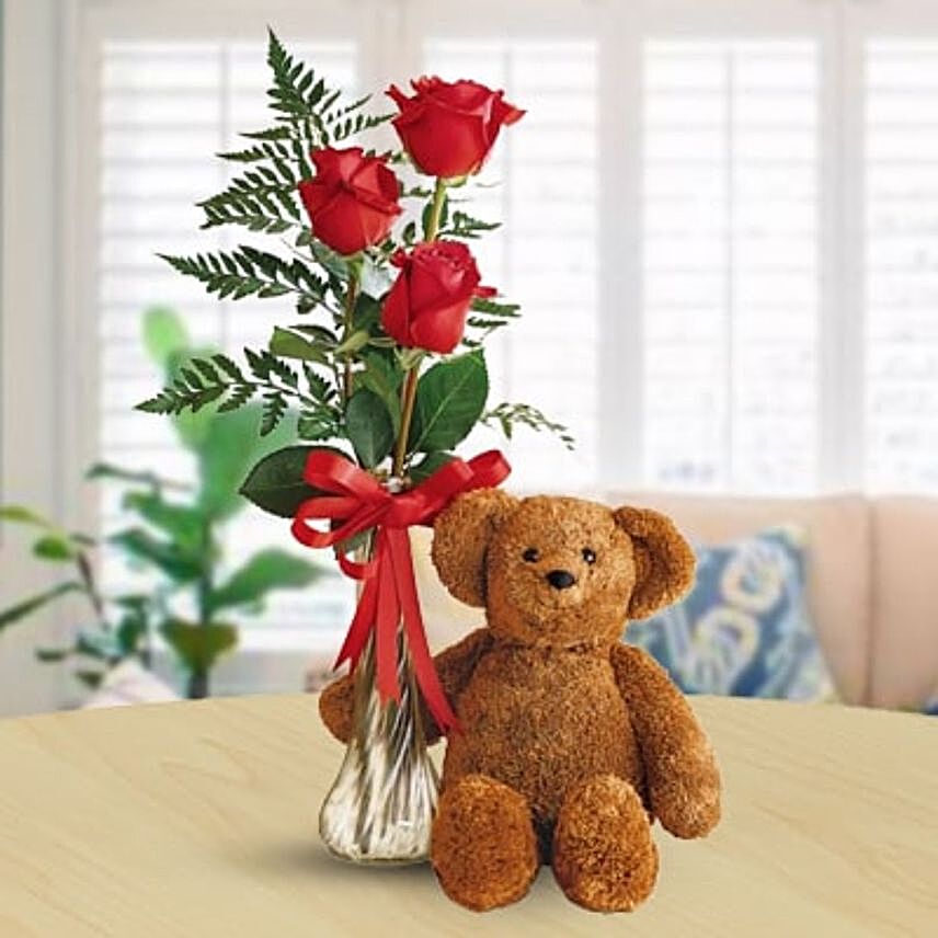 Ravishing Red Roses Vase And Teddy:Rose Delivery in Indonesia
