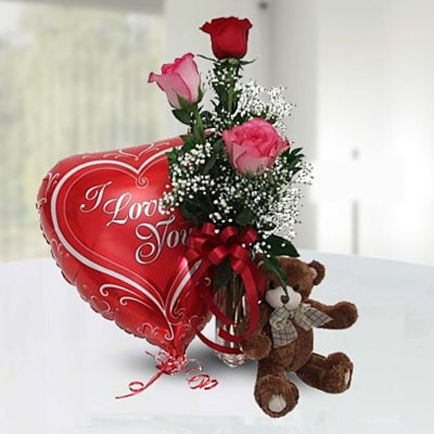 Red And Pink Roses With Teddy And Love Balloon:Send Romanic Gifts to Indonesia