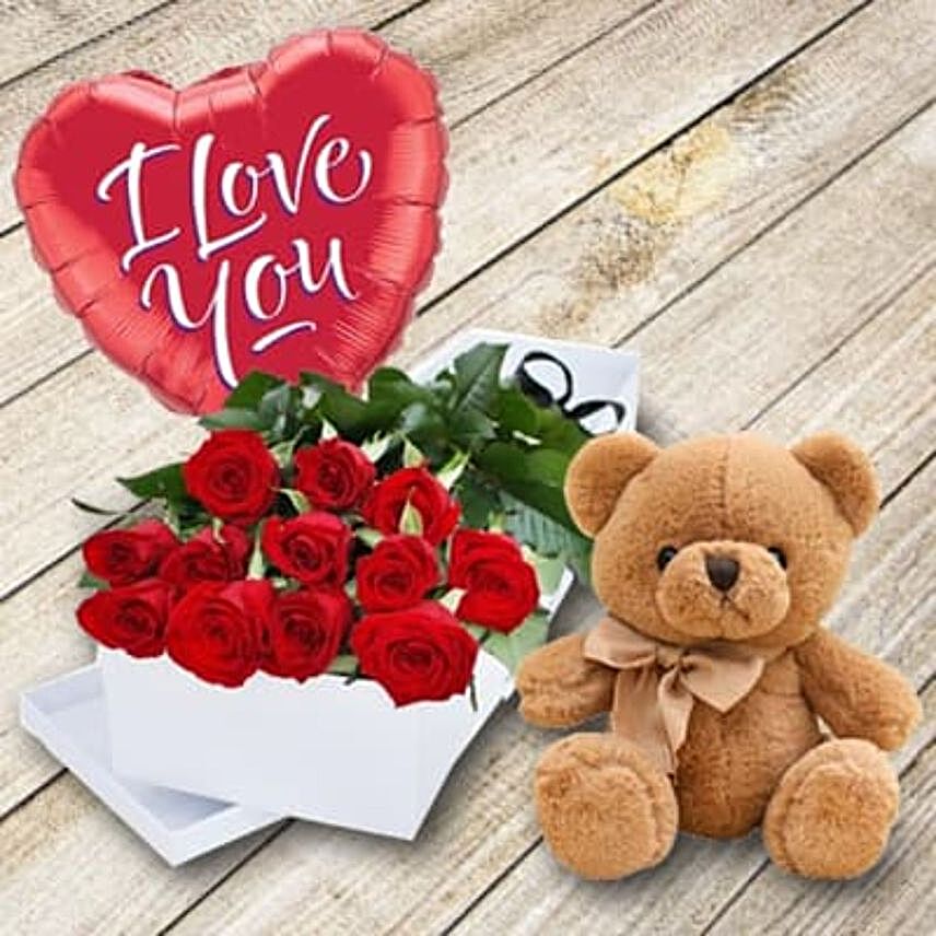 Red Roses Box With Teddy And Love Balloon:Rose Delivery in Indonesia