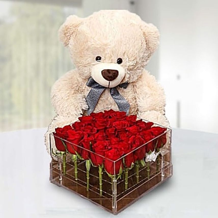 Romantic Red Roses Box And Teddy