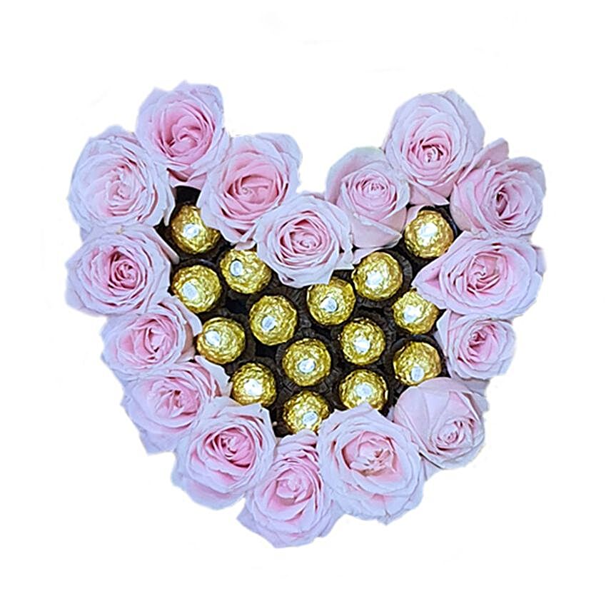 Lovely Pink Roses And Ferrero Rocher Heart Box