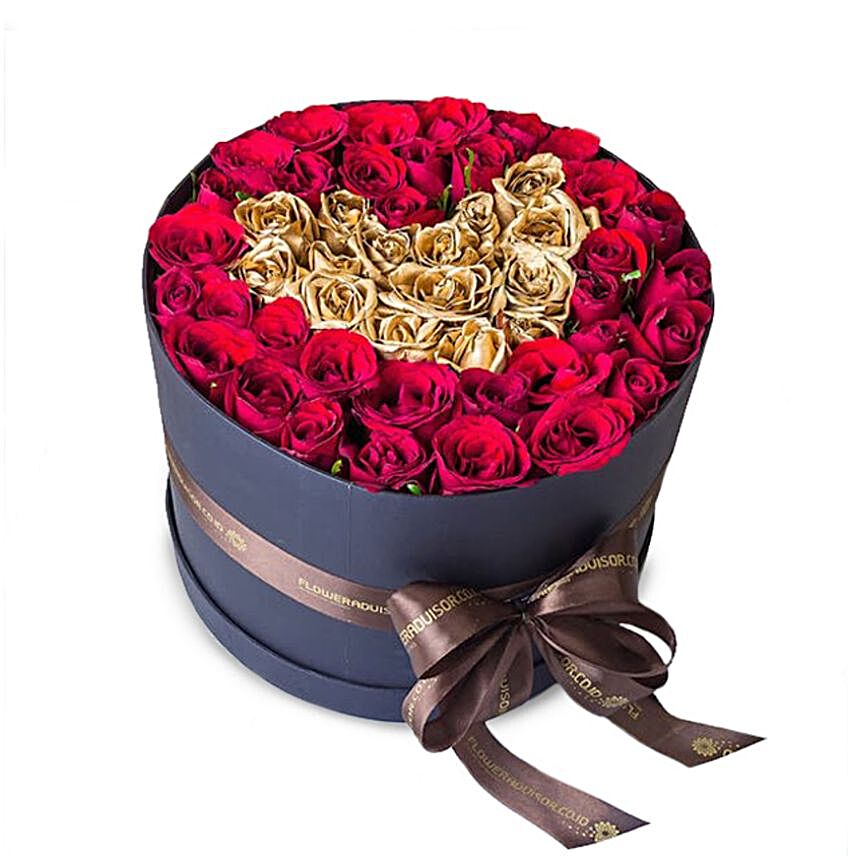Red And Golden Roses Heart Box:Flower Arrangments in Indonesia