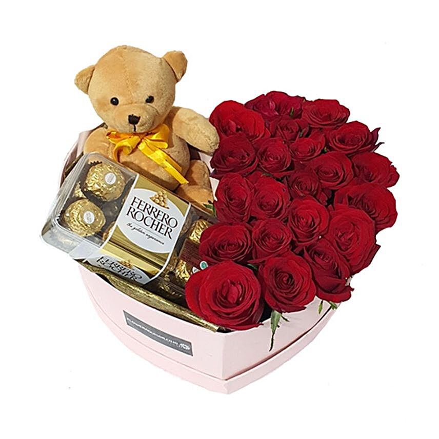 Red Roses Basket With Teddy And Ferrero Rocher