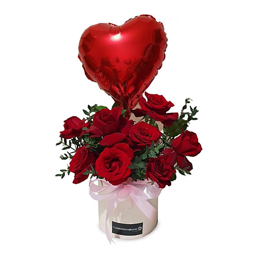 Romantic Red Roses Box And Heart Balloon