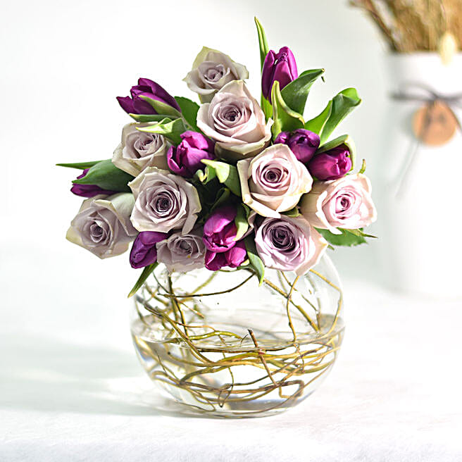 Beautiful Tulips Roses Arrangement In Fish Bowl indonesia Gift