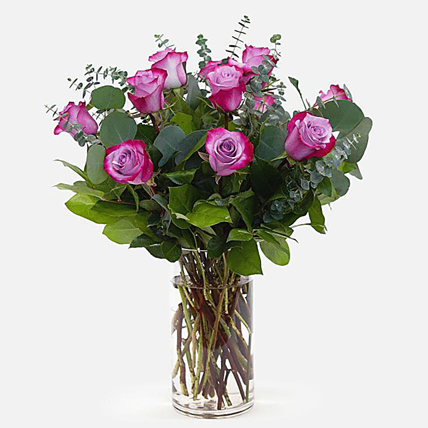 Bunch Of 12 Purple Roses Glass Vase Arrangement:Flower Arrangements to Indonesia