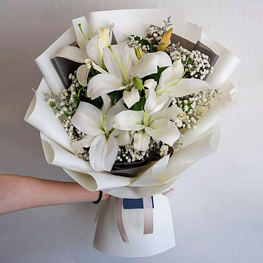 Charming White Lilies Bunch:Condolence Flowers to Indonesia