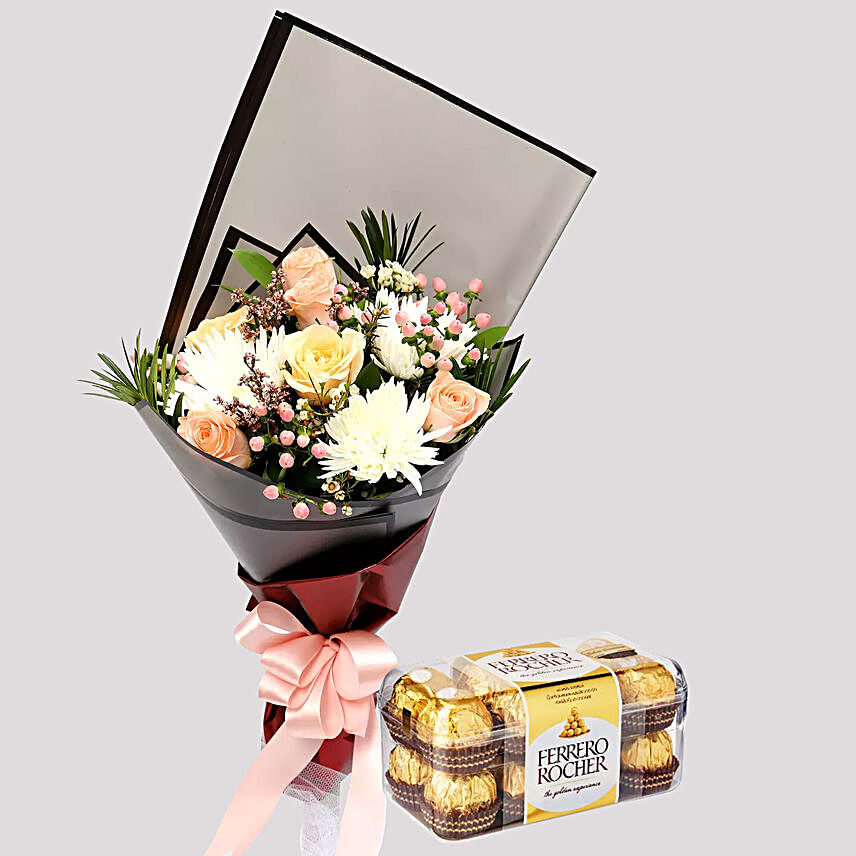 Delicate Rose Bouquet And Ferrero Rocher Box:Order Chocolates in Indonesia