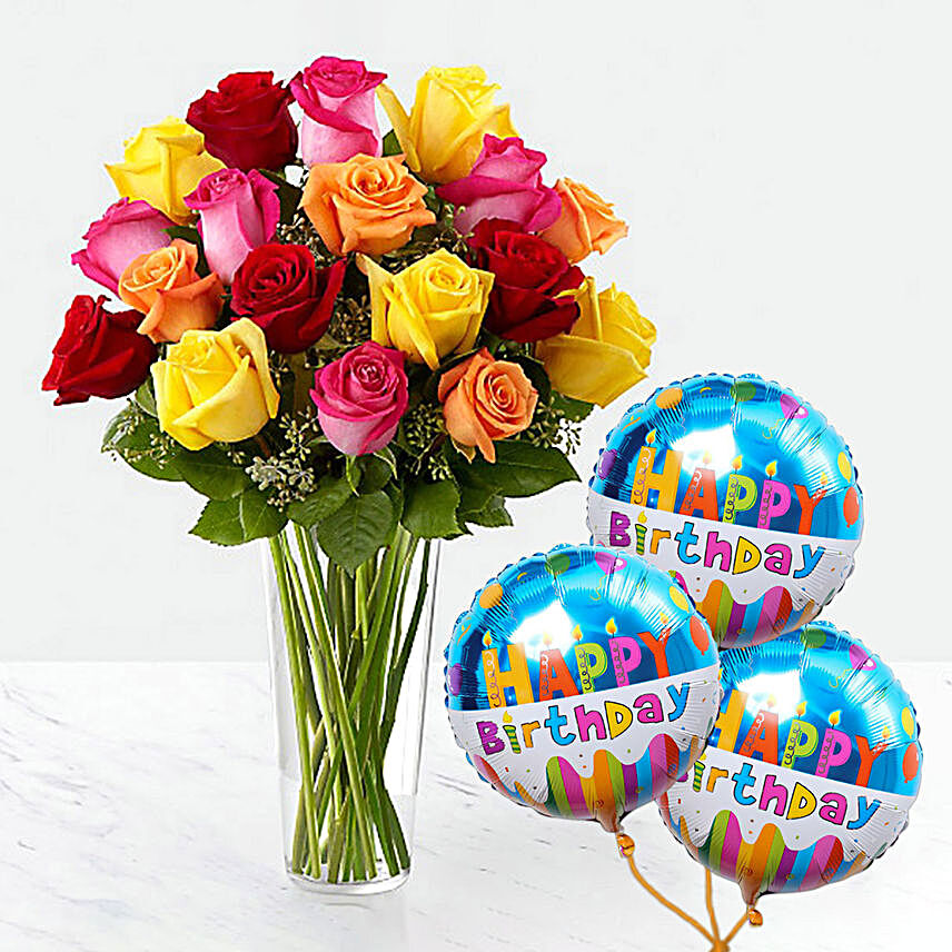 Vivid Roses Bunch With Birthday Balloon:Birthday Gifts to Indonesia