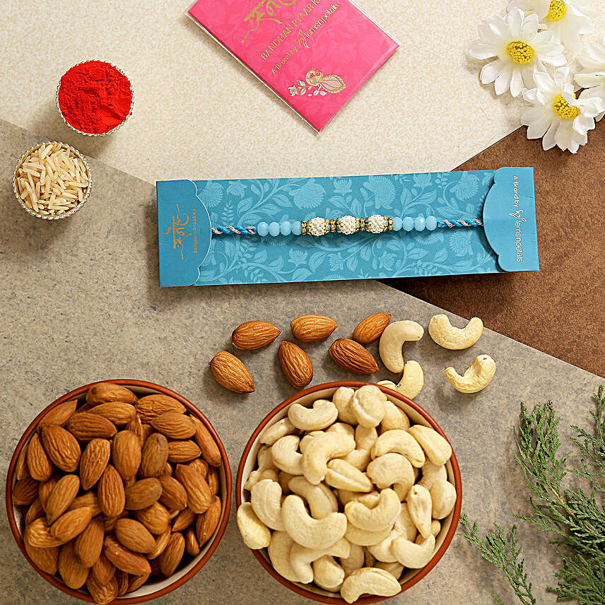 Sea Blue Pearl Rakhi With Almonds And Cashew:Rakhi With Dry Fruits to Indonesia