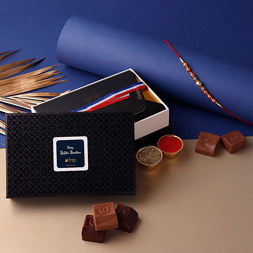 Rose Gold Rakhi  & Personalised Chocolate Box:Rakhi With Chocolates to Indonesia