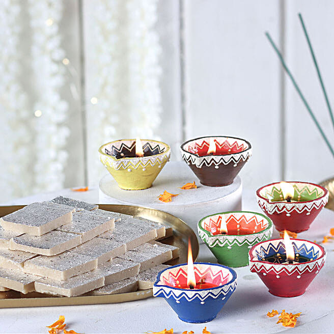 Premium Kaju Katli & Vibrant Diyas Diwali Combo indonesia Gift