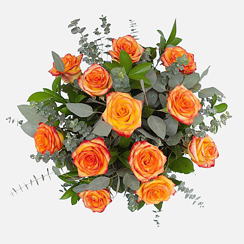 12 Beautiful Orange Roses Glass Vase Arrangement