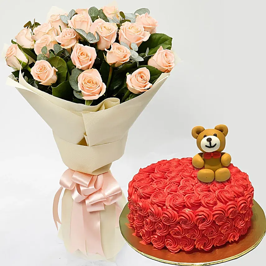 20 Peach Roses Bouquet With Teddy Cake