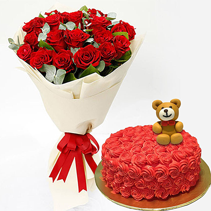 20 Red Roses Bouquet With Teddy Cake