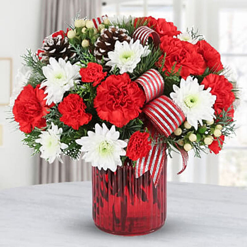 Carnations And Chrysanthemums Tinted Glass Vase