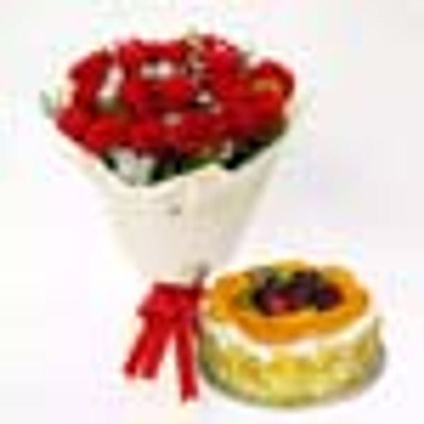 Fruit Cake And Red Rose Bouquet