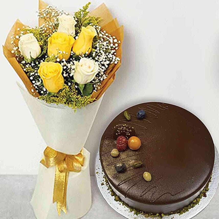 Happy Roses Posy & Chocolate Cake