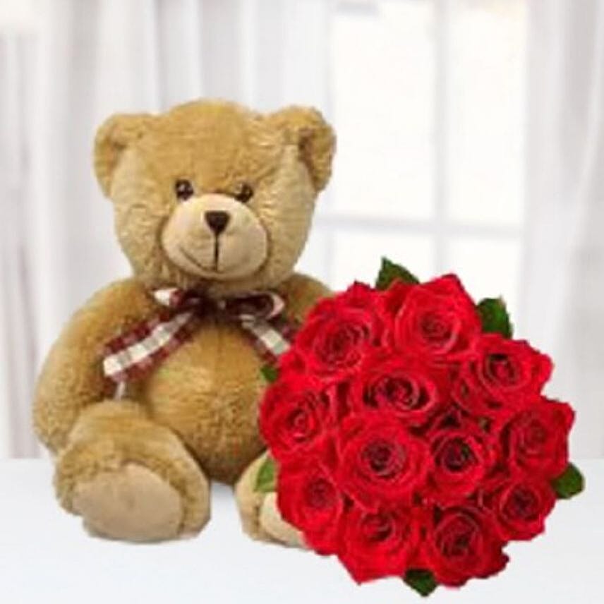 Mesmerising Red Roses Bouquet And Teddy