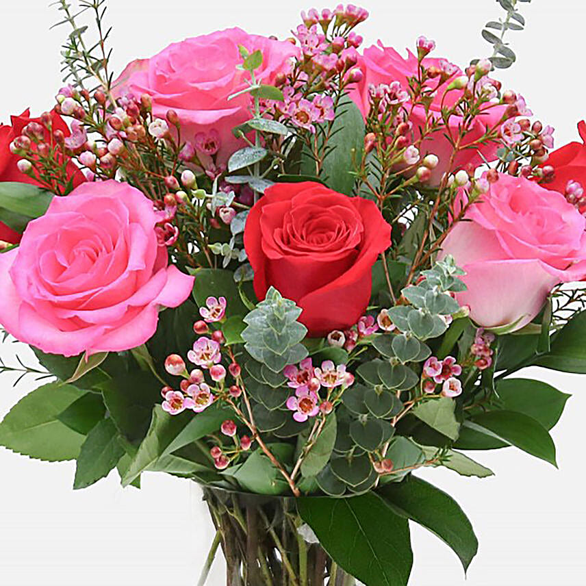 Red And Pink Roses Cylindrical Vase Arrangement