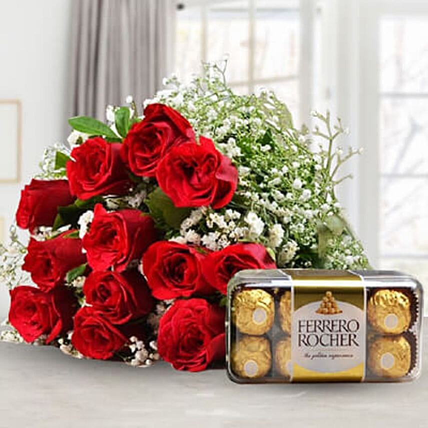 Romantic Red Roses Bouquet And Ferrero Rocher