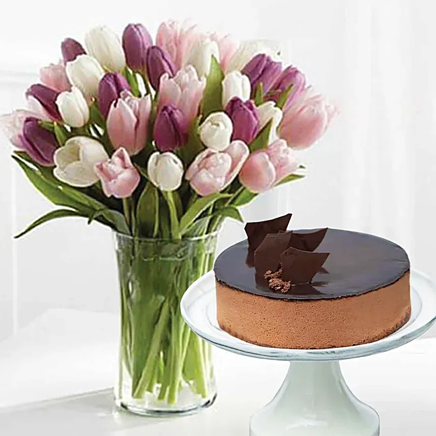 Soft Coloured Tulips & Divine Chocolate Cake