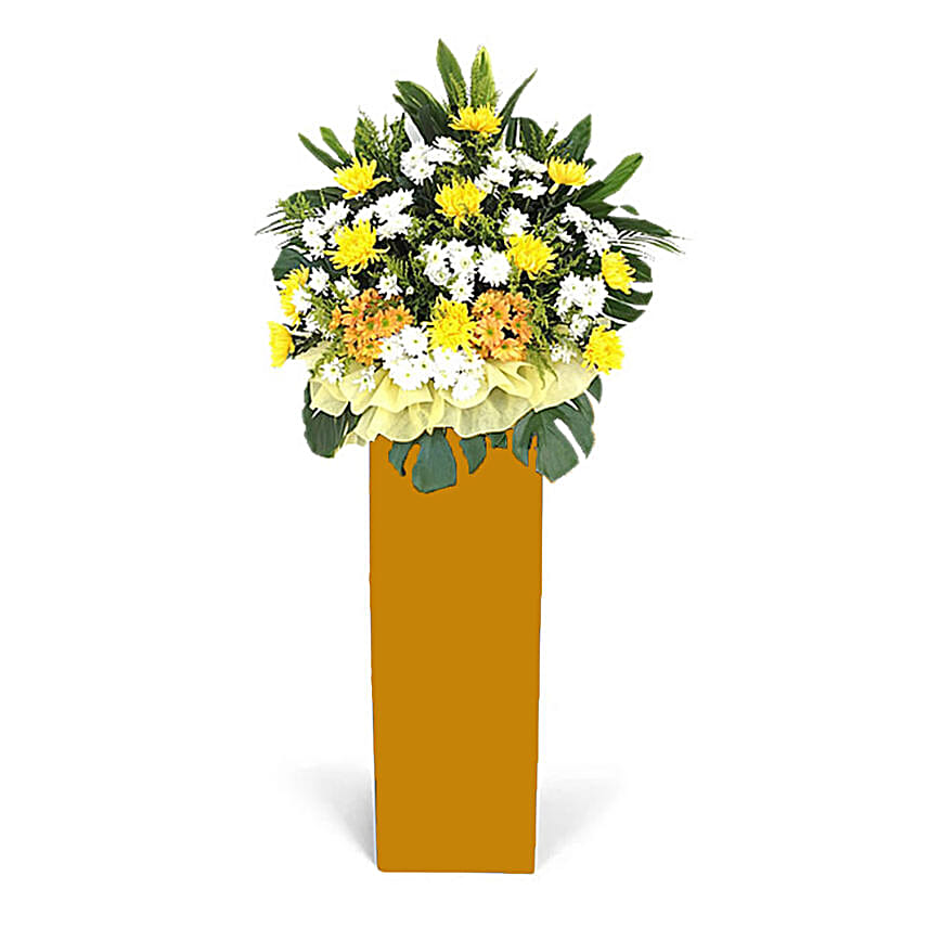 Vibrant Mixed Flowers Brown Stand Arrangement