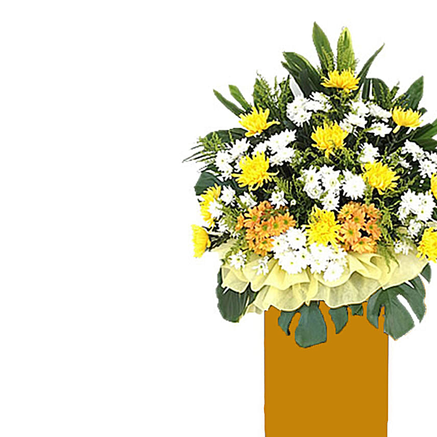 Vibrant Mixed Flowers Brown Stand Arrangement