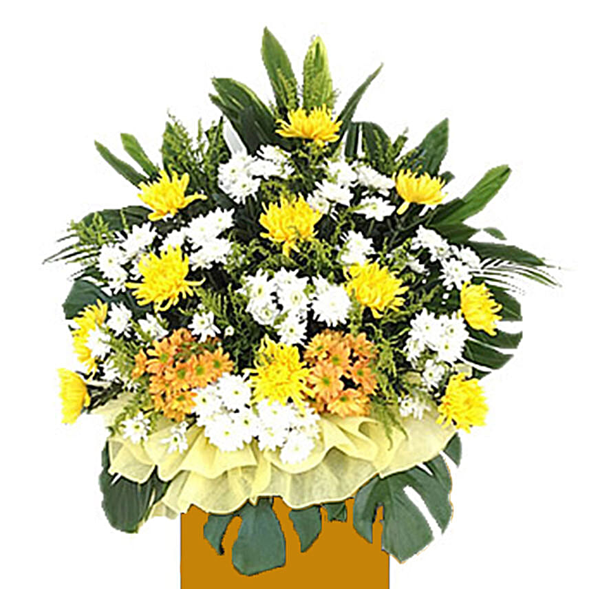 Vibrant Mixed Flowers Brown Stand Arrangement