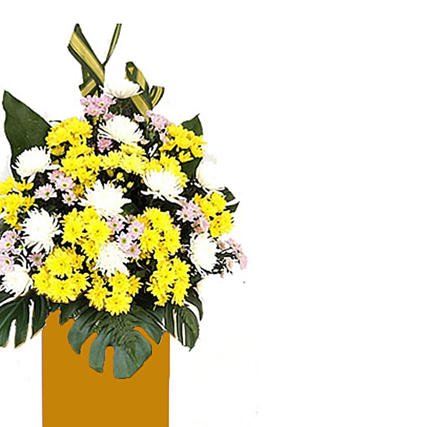 White Chrysanth Mixed Pom Arrangement With Stand