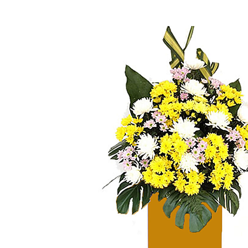 White Chrysanth Mixed Pom Arrangement With Stand