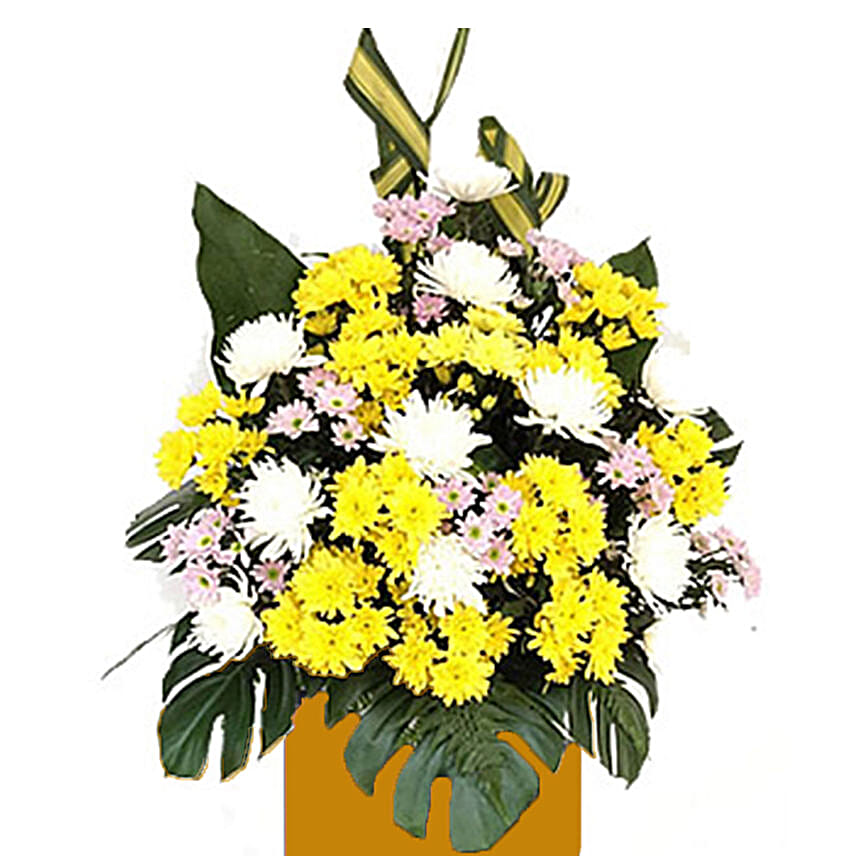 White Chrysanth Mixed Pom Arrangement With Stand