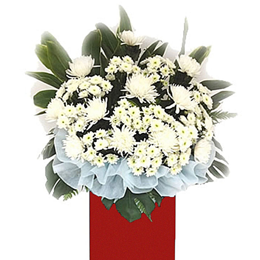 White Chrysanth White Pom Arrangement In Red Stand
