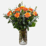 12 Beautiful Orange Roses Glass Vase Arrangement