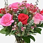 Red And Pink Roses Cylindrical Vase Arrangement