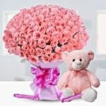 Graceful 100 Pink Roses Bouquet And Teddy