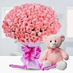 Graceful 100 Pink Roses Bouquet And Teddy