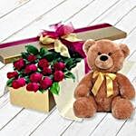 Ravishing Red Roses Box And Teddy