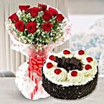 Red Roses Bouquet And Black Forest Cake