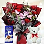 Roses And Carnations Bouquet With Teddy And Chocolate