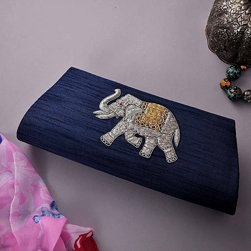Embellished Elephant Zari Work Clutch:Rakhi Gifts for Sister in Ireland