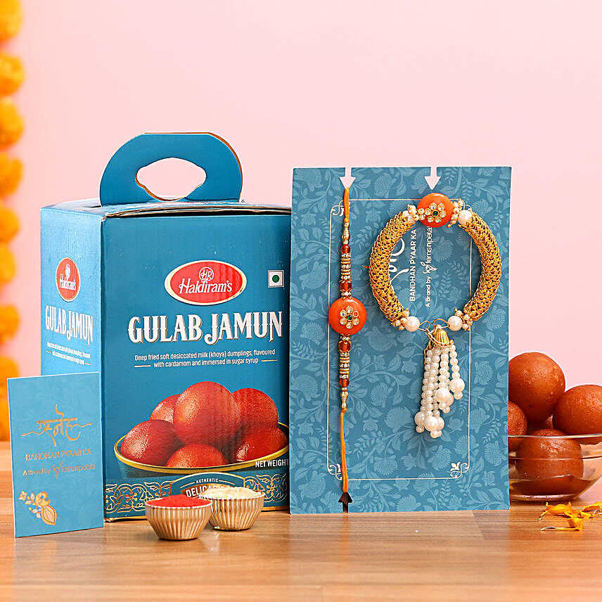 Orange Pearl Lumba Rakhi Set And Gulab Jamun:Rakhi With Sweets to Ireland