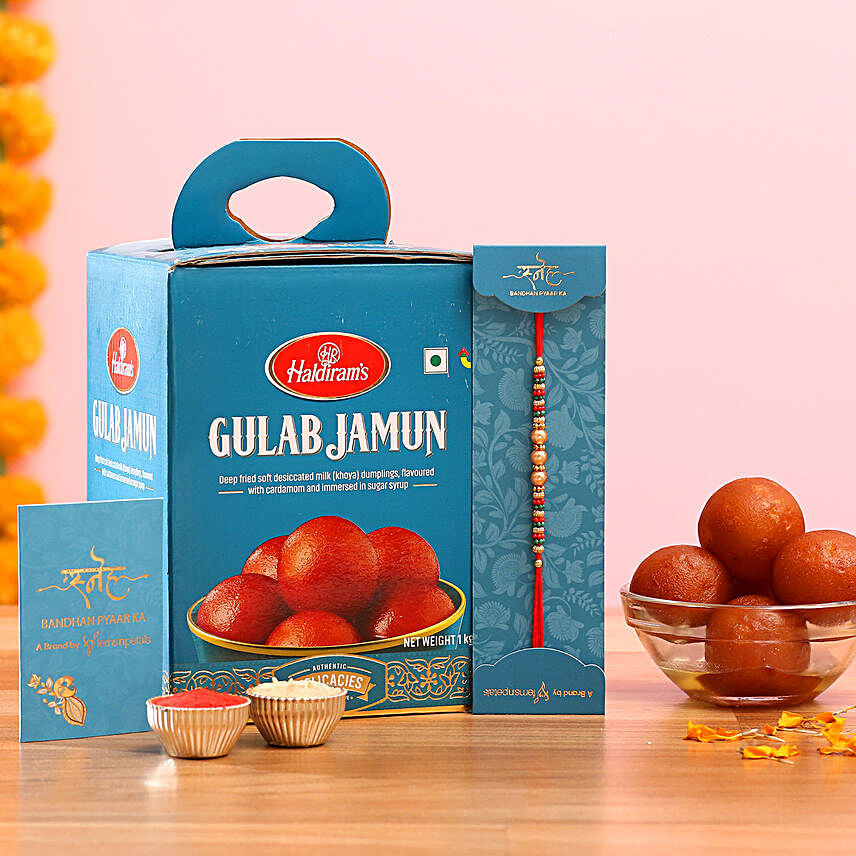 Pearl Mauli Rakhi And Tempting Gulab Jamun:Rakhi With Sweets To Ireland