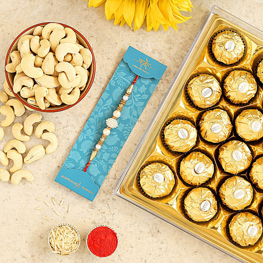 White Pearl Rakhi And Cashew With 16 Pcs Ferrero Rocher