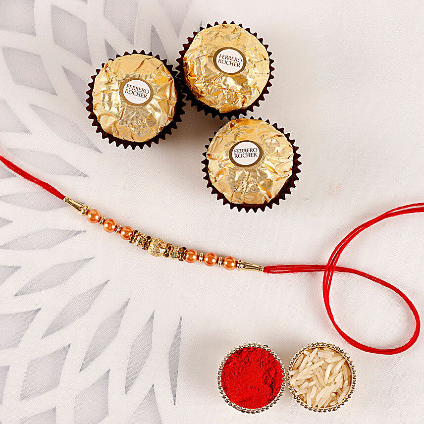 Sneh Rose Gold Rakhi & Ferrero Rocher:Rakhi With Chocolates to Ireland